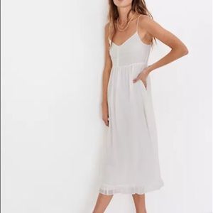 Madewell silk ruched ruffle hem midi dress- white